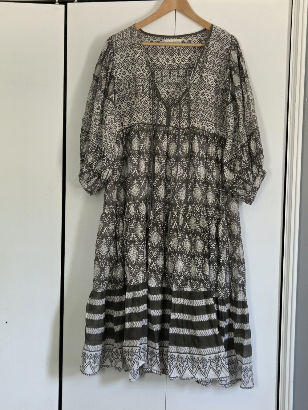 Daughters Of India Boho Tiered V-Neck Midi Dress in Olive and White - Picture 2 of 6